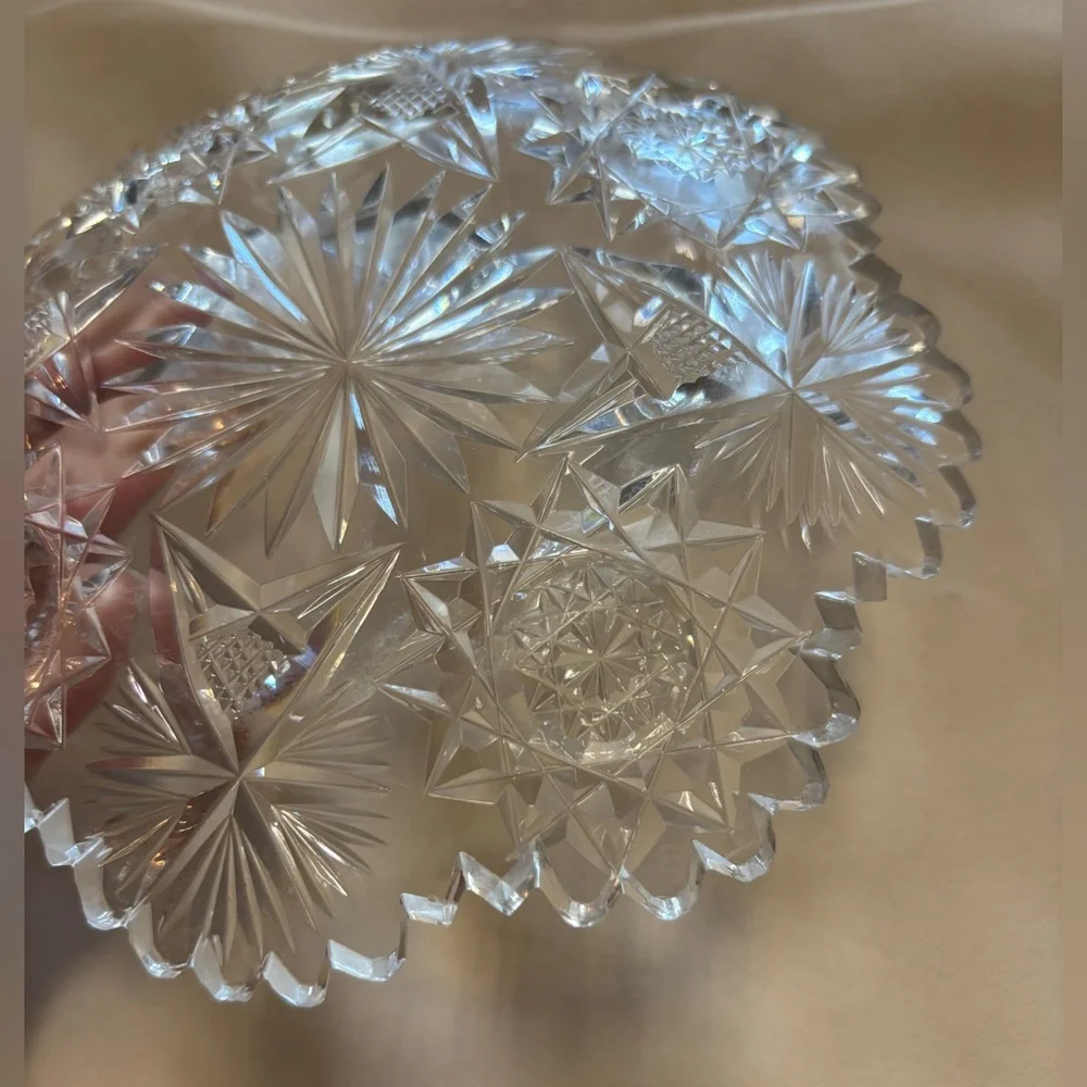 Antique American Brilliant Glass 6” Crystal Dish Bowl Sawtooth Scalloped Star‎